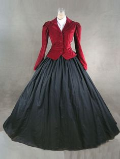 Wine Red and Black Civil War Victorian Dress     Condition: Brand New   Color: amp;nbsp; As Picture   Material: cotton，Corduroy   Silhouette: Ball Gown   Sleeve Length: Long-Sleeve   Dresses Length:Floor-Length   Neckline: v-neck   Style: Vintage   Includes: Dress Red Jacket Winter, Black Dress Winter, Gothic Victorian Dresses, Southern Belle Dress, 18th Century Dress, Period Dress, Victorian Costume, Gothic Victorian, Victorian Clothing