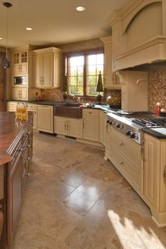 a large kitchen with lots of counter space