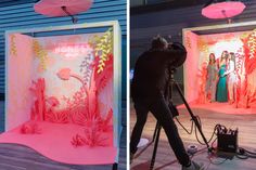 two photographs of people taking pictures in front of a pink backdrop and behind them is an umbrella