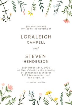 a wedding card with flowers and greenery on the front, in gold foil lettering