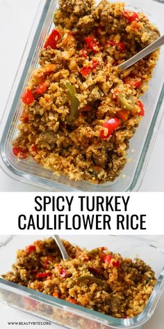 two pictures showing how to make spicy turkey cauliflower rice in a glass casserole dish