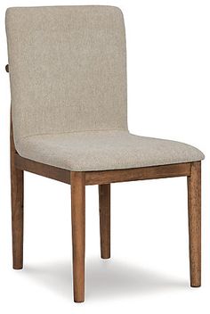 a wooden chair with a beige upholstered seat