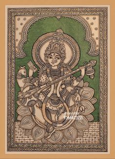 Kalamkari Saraswati Painting, Easy Kalamkari Painting, Madhubani Paintings On Canvas, Kalamkari Ganesha, Kalamkari Painting Easy, Madhubani Drawing Indian Paintings, Madhubani Painting Easy, Kalamkari Art