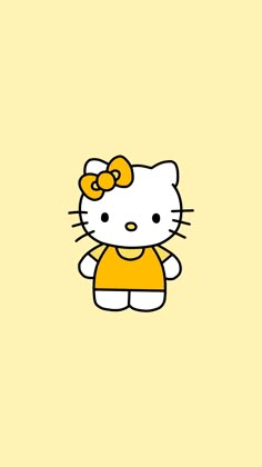 a hello kitty wallpaper with an orange bow on it's head and yellow dress