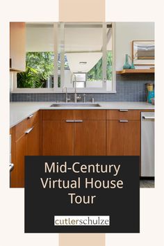 the mid - century virtual house tour poster is shown in front of a kitchen sink