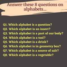 an animal that is standing next to a sign with the words answer these 8 questions on alphabets