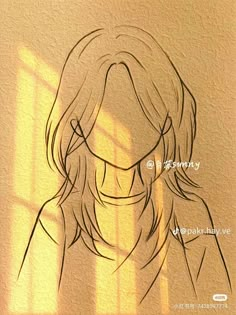 a drawing of a woman's face with long hair in front of a window