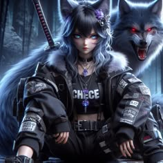 an anime character is sitting on the ground with two wolfs behind her and one has blue eyes