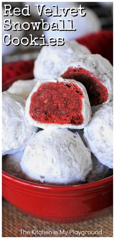 red velvet snowball cookies in a bowl