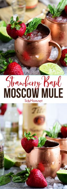 two moscow mules with strawberries, lime and mint on the rim in copper mugs