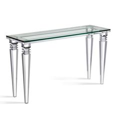 a glass and metal console table with two legs on each side, in front of a white background