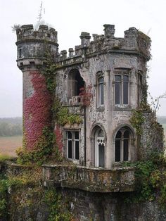 an old building with ivy growing on it's walls and windows in the middle of nowhere