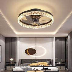 a bedroom with a large bed and round lights above the headboard on the ceiling