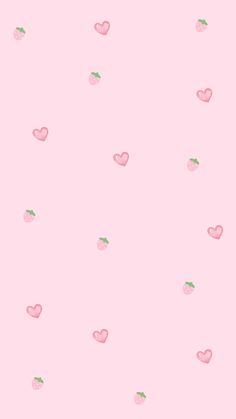 a pink wallpaper with hearts and cherries on the bottom right hand corner is an apple