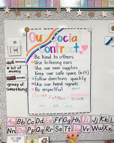 a bulletin board with writing and pictures on it