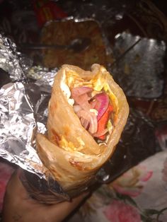 a hand holding a wrap filled with meat and veggies