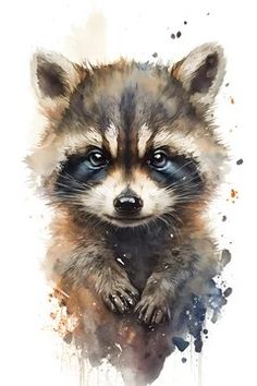 a painting of a raccoon with blue eyes