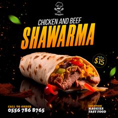 a chicken and beef shawarma is on sale for $ 15 95 or more