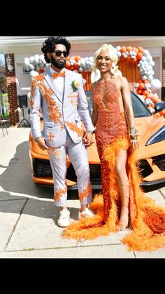 #prom #orange #grey #amiri Orange And Grey Prom Couple, Prom Fits Men, Prom Orange, Guys Prom Outfit, Guys Prom, Prom Tux, Tuxedo Prom