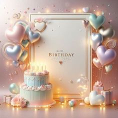 a birthday cake surrounded by balloons and confetti on a pink background with sparkles