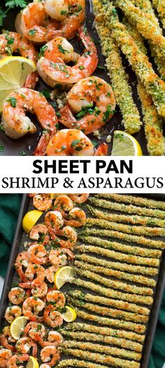 sheet pan shrimp and asparagus with lemon wedges