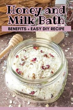 Learn how to easily make your own honey and milk bath ritual with this simple recipe. The honey bath benefits are so incredible, you will love this milk bath recipe! honey and milk bath soak | honey and milk bath soak recipe | honey and milk bath recipe | honey milk bath | diy milk and honey bath soak | oatmeal milk and honey bath soak | Goats Milk Bath Soak, Milk Bath Salts Diy, Milk Baths Diy, Goat Milk Bath Soak Recipe, Hydrating Bath Soak Diy, Homemade Milk Bath Recipe, Oat Milk Bath Recipe, Oatmeal Milk Bath Recipe, Lush Diy Recipes