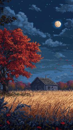 a painting of a house in the middle of a field at night