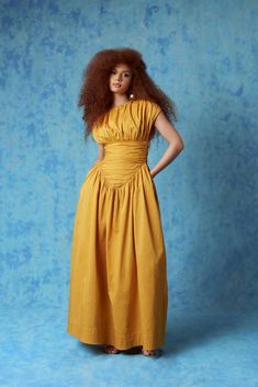 Adesuwa Ruched Cotton Long Dress - Yellow Ochre Medium Tv Show, Yellow Gown, Yellow Maxi Dress, Cotton Long Dress, Iconic Dresses, Technology Fashion, Yellow Ochre, Celebrity Lifestyle, Swim Skirt