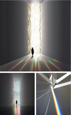 four different shots of a person walking through a room with light coming from the window