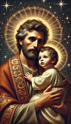 jesus holding a child in his arms with shining stars behind him on a dark background