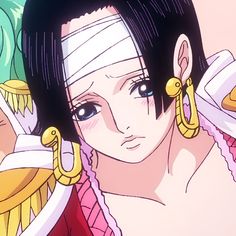 an anime character with black hair and large hoop earrings on her head, looking at the camera