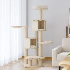 a cat tree in the corner of a living room