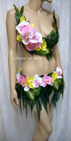 a female mannequin with flowers on it's chest