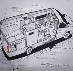 a drawing of the interior of a van