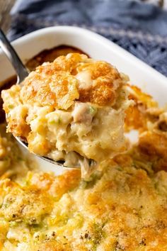 a spoon full of chicken and cheese casserole