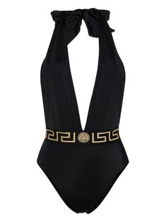 black stretch-design signature Greca detailing Medusa Head motif tape detailing plunging V-neck halterneck tie fastening sleeveless high cut Be mindful to try on swimwear over your own garments. Versace Swimsuit, Halter Neck Swimsuit, Luxury Swimwear, Swimsuit Black, Medusa Head, Versace Outfit, Black One Piece, Blue Swimsuit, Black Swimsuit