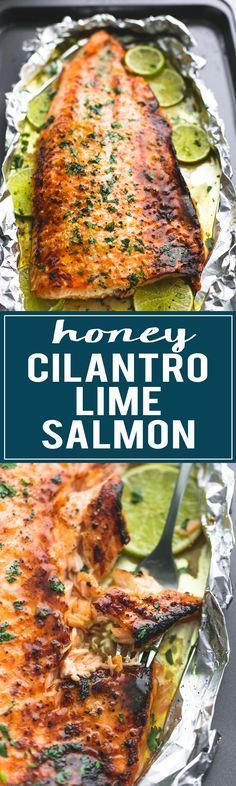 grilled salmon and cucumber on foil with text overlay that reads, how to cook clamtro lime salmon