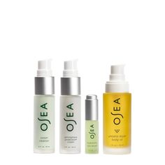 OSEA’s Bestsellers Set For Face + Body features four travel-size bestsellers to elevate your daily skincare ritual into a high-performance routine for healthy, hydrated and glowing skin head-to-toe. This 4-step routine includes face favorites Ocean Cleanser, Hyaluronic Sea Serum and Atmosphere Protection® Cream plus #1 bestselling Undaria Algae Body Oil for a complete daily routine for face and body. How To Use: Step 1: Apply Ocean Cleanser to damp face and rinse with warm water. Use morning and Osea Skincare, Anti Aging Body, Soap And Glory, Dry Face, Oil Gifts, Body Balm, Oil Cleanser, Skin Care Kit, How To Exfoliate Skin