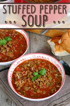 two bowls filled with soup on top of a wooden table