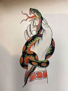 a drawing of a hand holding a snake