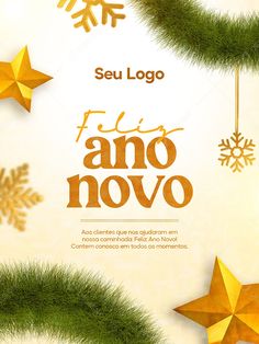 an elegant christmas card with gold stars and snowflakes on white background, in spanish