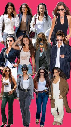 many different pictures of women in white shirts and jeans