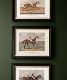 two framed pictures of horses and jockeys on the wall next to eachother