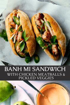 banh mi sandwhich with chicken meatballs and pickled veggies