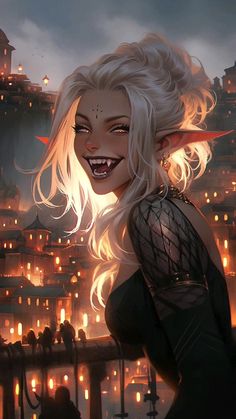 a painting of a woman with long blonde hair and demon makeup, standing in front of a cityscape