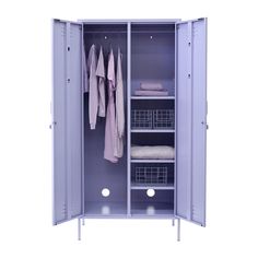 an open purple locker with clothes hanging on it