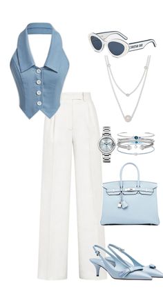 Monaco type of fits in greyish baby blue with sleevless vest and white wide pants hermes bag and prade shoes dior sunglasses and white gold and blue jewels jewelry Everyday Fashion Outfits, Casual Day Outfits, Quick Outfits, Classy Work Outfits, Classy Casual Outfits, Stylish Work Outfits, Easy Trendy Outfits, Looks Chic, Fancy Outfits