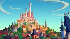 an animated castle with many spires in the sky and trees around it's perimeter