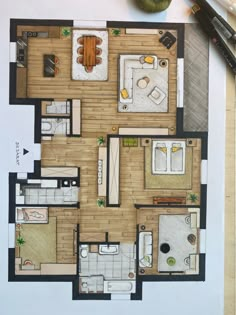 a drawing of a floor plan with furniture