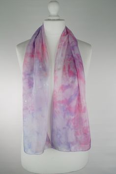 White pink purple perl long silk scarf, hand dyed pure silk scarf, women silk scarf, gift for her, handmade Ticik-art This scarf is a unique product, original and timeless which you can wear daily or at special occasions, very light and soft, a special gift for you. DETAILS:  - Dimension 140 x 45 cm (55 x 18 inches) - 100 % pure silk (ponge5) - High quality French colours - Hand rolled edges SPECIAL PLUS: This scarf is sent in a present/gift box with a beautiful card including care advice. I can Hand Dyed Scarves For Gifts, Elegant Handmade Pink Silk Scarf, Hand Dyed Purple Silk Scarves, Pink Silk Scarf For Summer Gift, Pink Hand-dyed Scarf, Handmade Pink Silk Scarves, Handmade Pink Silk Scarf, White Silk Scarf, Red Silk Scarf